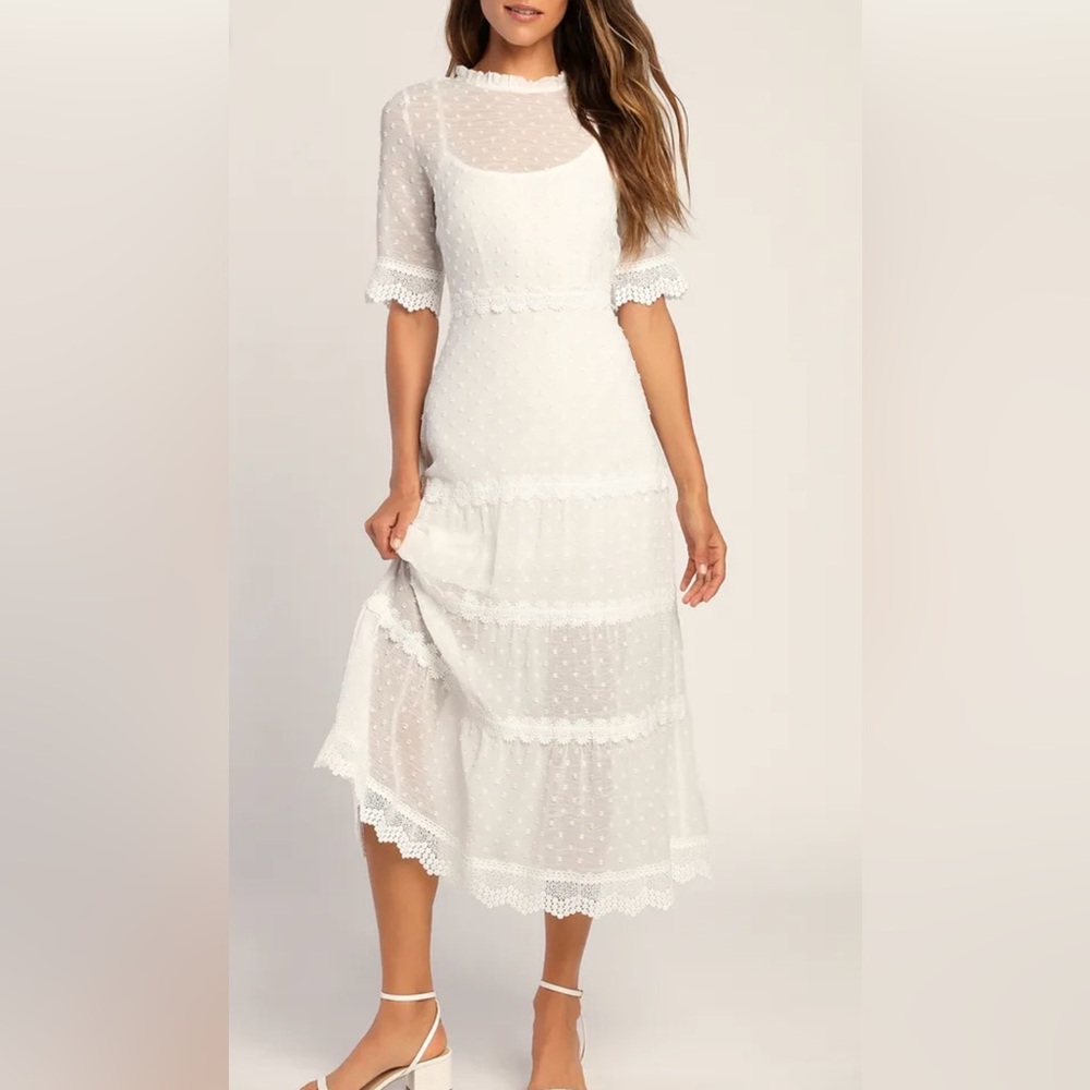 Lulus Dreaming of You White Swiss Dot Midi